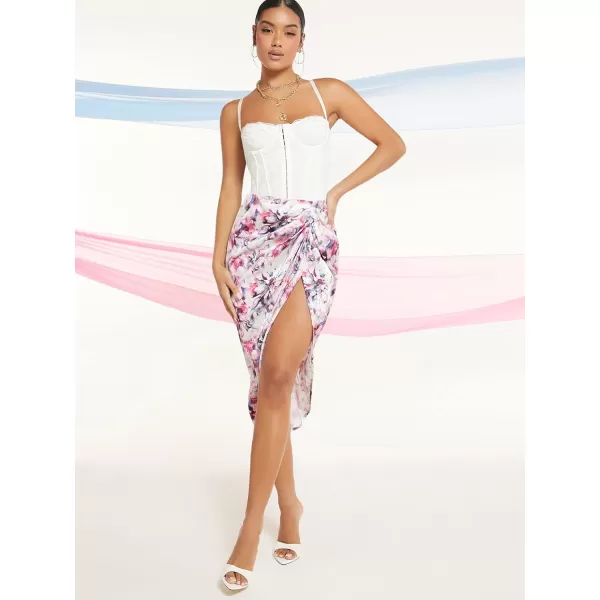WDIRARA Women's Split Thigh Front Satin High Waist Ruched Zip Back Bodycon Midi Skirt