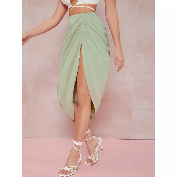 WDIRARA Women's Split Thigh Front Satin High Waist Ruched Zip Back Bodycon Midi Skirt