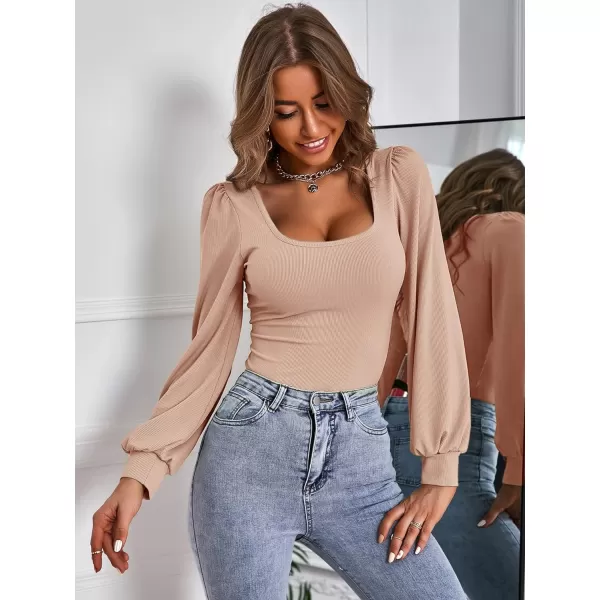 WDIRARA Women's Square Neck Bishop Long Sleeve Tee Slim Elegant T Shirt Casual Top