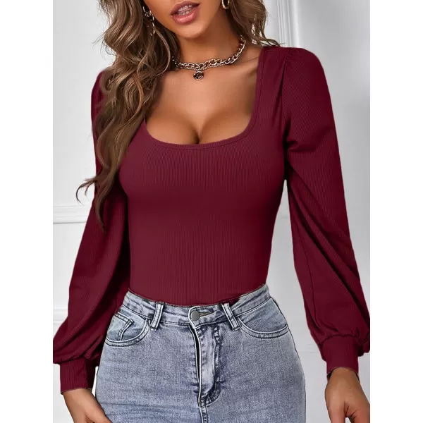 WDIRARA Women's Square Neck Bishop Long Sleeve Tee Slim Elegant T Shirt Casual Top