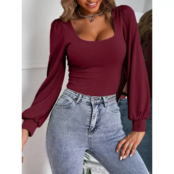 WDIRARA Women's Square Neck Bishop Long Sleeve Tee Slim Elegant T Shirt Casual Top