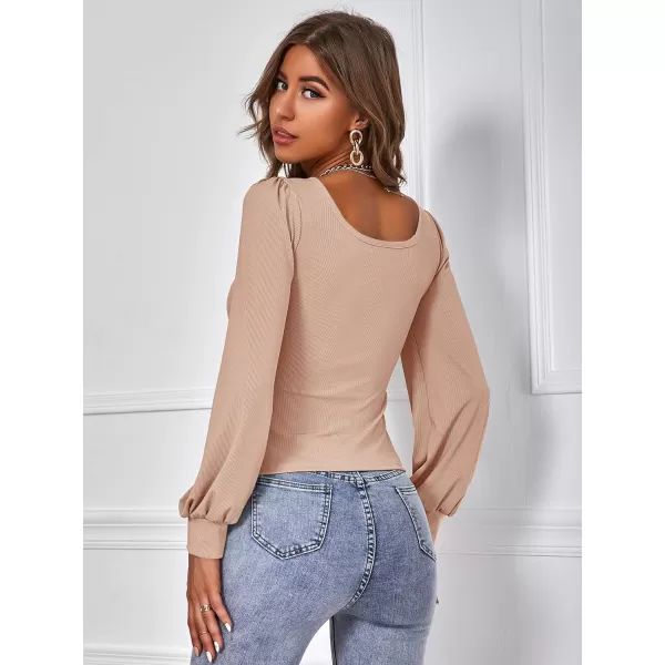 WDIRARA Women's Square Neck Bishop Long Sleeve Tee Slim Elegant T Shirt Casual Top