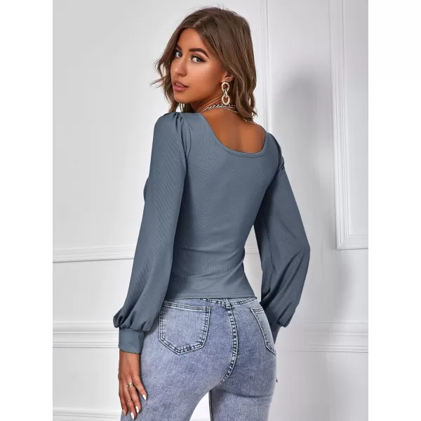 WDIRARA Women's Square Neck Bishop Long Sleeve Tee Slim Elegant T Shirt Casual Top