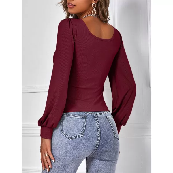 WDIRARA Women's Square Neck Bishop Long Sleeve Tee Slim Elegant T Shirt Casual Top