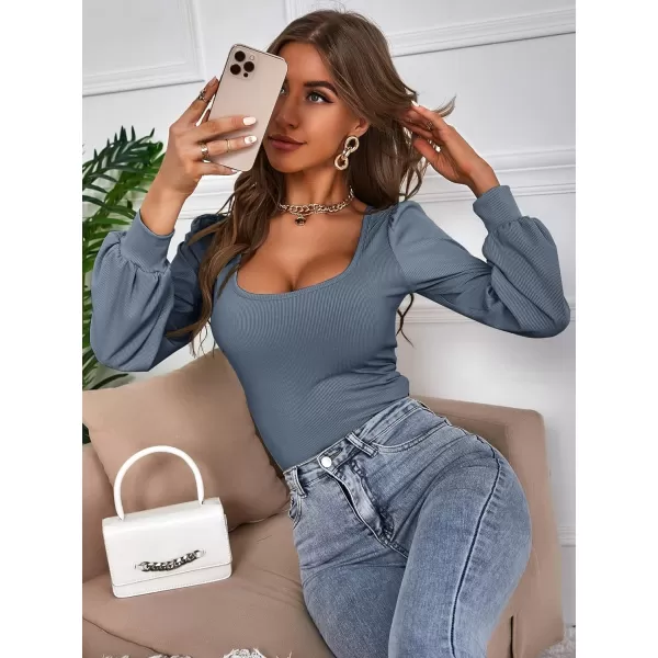 WDIRARA Women's Square Neck Bishop Long Sleeve Tee Slim Elegant T Shirt Casual Top