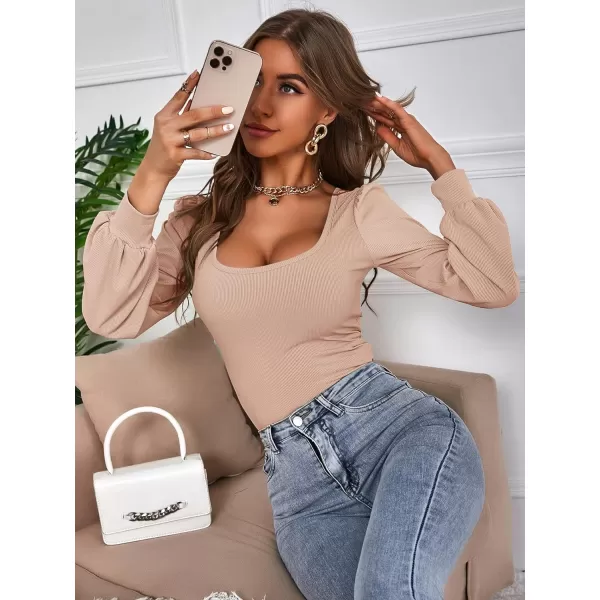 WDIRARA Women's Square Neck Bishop Long Sleeve Tee Slim Elegant T Shirt Casual Top