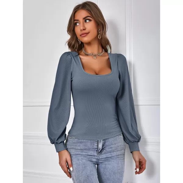 WDIRARA Women's Square Neck Bishop Long Sleeve Tee Slim Elegant T Shirt Casual Top