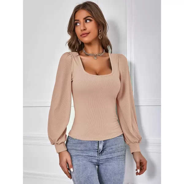 WDIRARA Women's Square Neck Bishop Long Sleeve Tee Slim Elegant T Shirt Casual Top