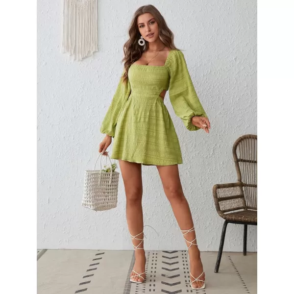 WDIRARA Women's Square Neck Cut Out Waist Bishop Long Sleeve Tie Backless Flared A Line Dress