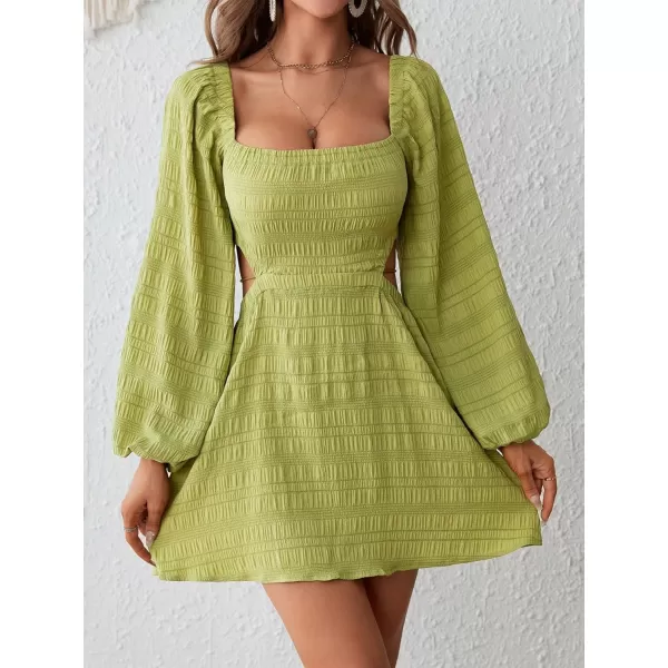 WDIRARA Women's Square Neck Cut Out Waist Bishop Long Sleeve Tie Backless Flared A Line Dress