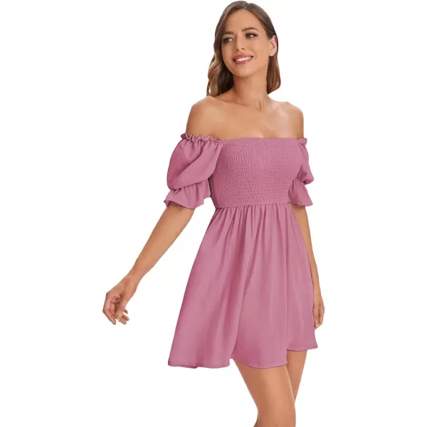 WDIRARA Women's Square Neck Flounce Short Sleeve Shirred Ruffle Hem Dress