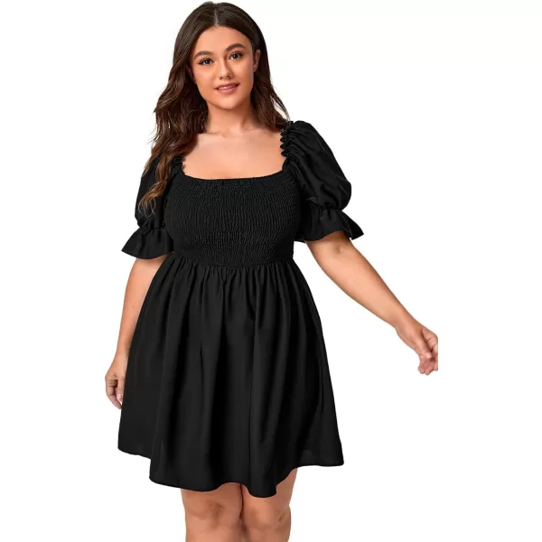WDIRARA Women's Square Neck Flounce Short Sleeve Shirred Ruffle Hem Dress
