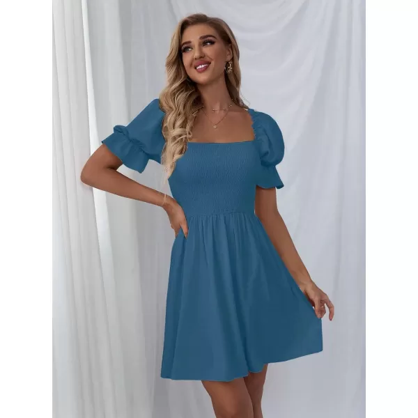 WDIRARA Women's Square Neck Flounce Short Sleeve Shirred Ruffle Hem Dress