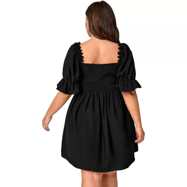 WDIRARA Women's Square Neck Flounce Short Sleeve Shirred Ruffle Hem Dress