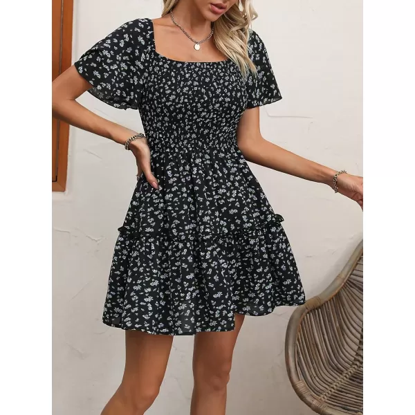 WDIRARA Women's Square Neck Flounce Short Sleeve Shirred Ruffle Hem Dress