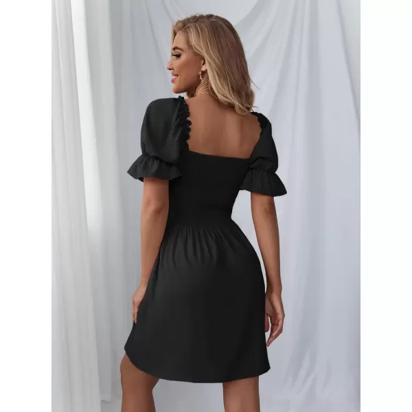 WDIRARA Women's Square Neck Flounce Short Sleeve Shirred Ruffle Hem Dress