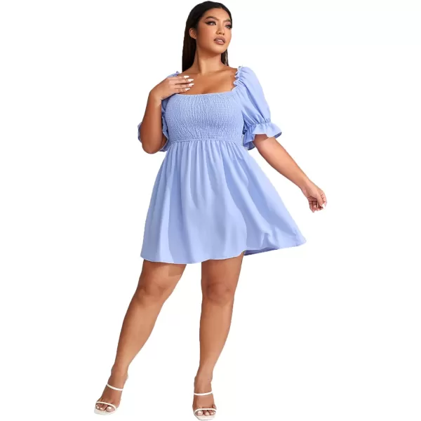 WDIRARA Women's Square Neck Flounce Short Sleeve Shirred Ruffle Hem Dress