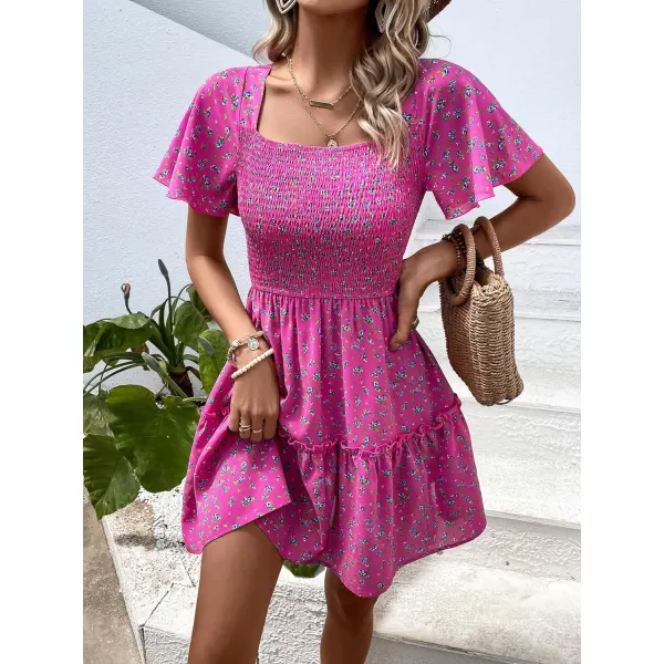 WDIRARA Women's Square Neck Flounce Short Sleeve Shirred Ruffle Hem Dress