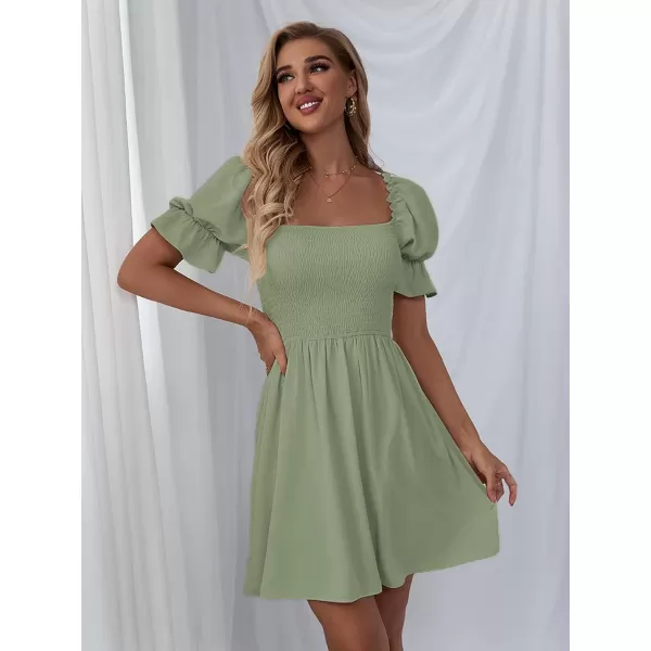 WDIRARA Women's Square Neck Flounce Short Sleeve Shirred Ruffle Hem Dress