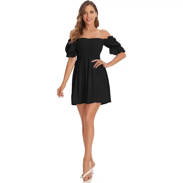WDIRARA Women's Square Neck Flounce Short Sleeve Shirred Ruffle Hem Dress