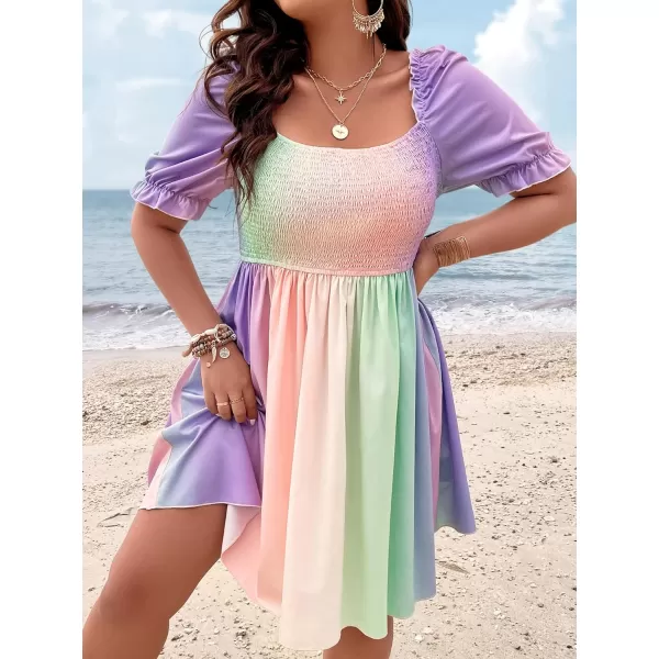 WDIRARA Women's Square Neck Flounce Short Sleeve Shirred Ruffle Hem Dress