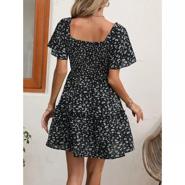 WDIRARA Women's Square Neck Flounce Short Sleeve Shirred Ruffle Hem Dress