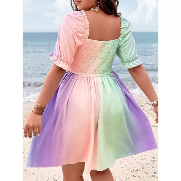 WDIRARA Women's Square Neck Flounce Short Sleeve Shirred Ruffle Hem Dress