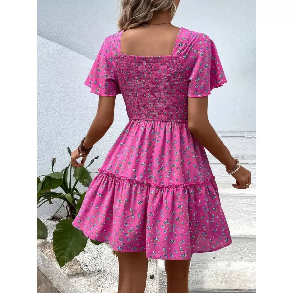 WDIRARA Women's Square Neck Flounce Short Sleeve Shirred Ruffle Hem Dress