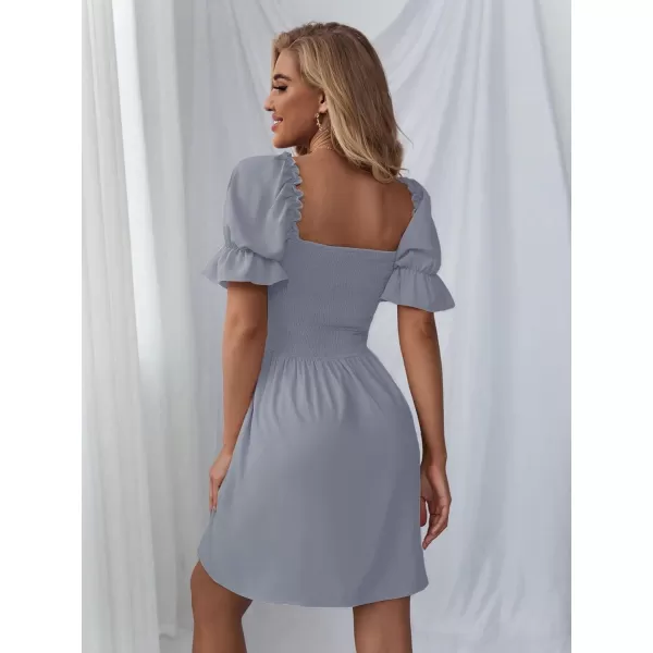 WDIRARA Women's Square Neck Flounce Short Sleeve Shirred Ruffle Hem Dress