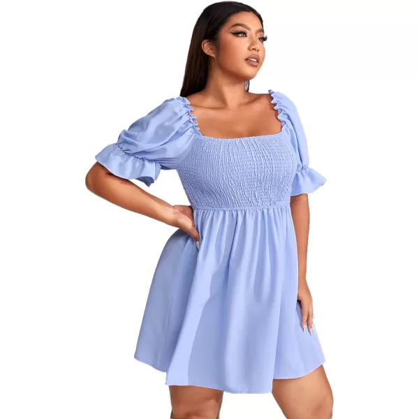 WDIRARA Women's Square Neck Flounce Short Sleeve Shirred Ruffle Hem Dress