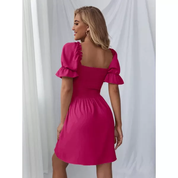 WDIRARA Women's Square Neck Flounce Short Sleeve Shirred Ruffle Hem Dress