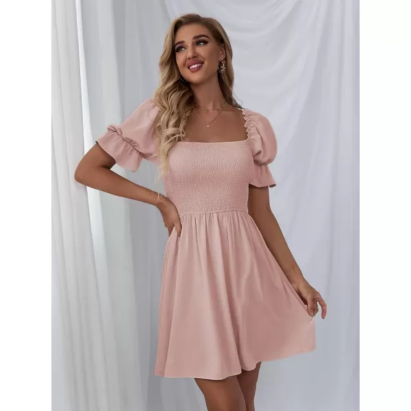 WDIRARA Women's Square Neck Flounce Short Sleeve Shirred Ruffle Hem Dress