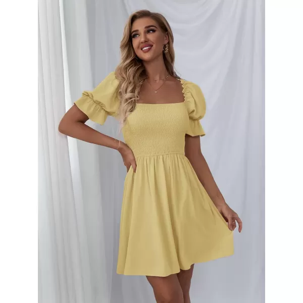 WDIRARA Women's Square Neck Flounce Short Sleeve Shirred Ruffle Hem Dress
