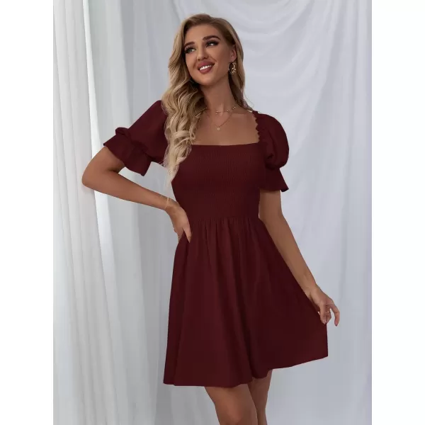WDIRARA Women's Square Neck Flounce Short Sleeve Shirred Ruffle Hem Dress