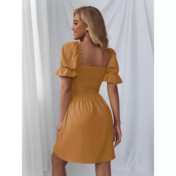 WDIRARA Women's Square Neck Flounce Short Sleeve Shirred Ruffle Hem Dress