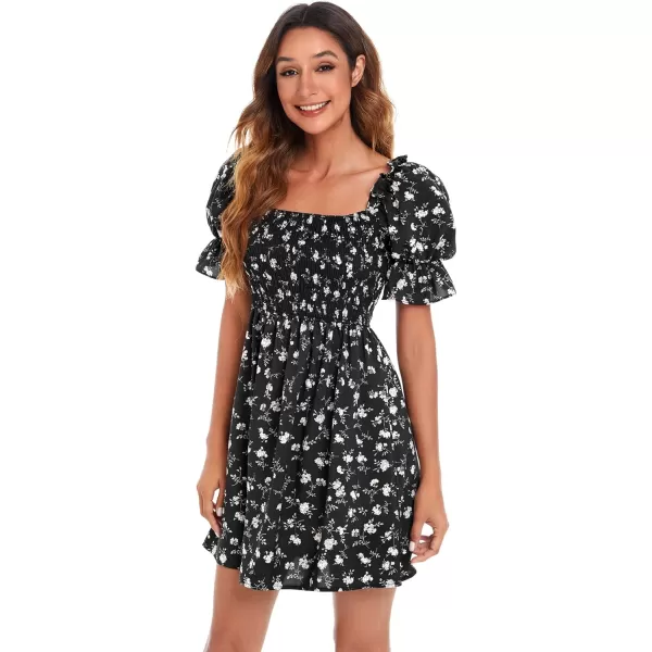 WDIRARA Women's Square Neck Flounce Short Sleeve Shirred Ruffle Hem Dress