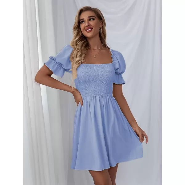 WDIRARA Women's Square Neck Flounce Short Sleeve Shirred Ruffle Hem Dress