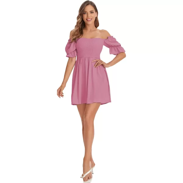 WDIRARA Women's Square Neck Flounce Short Sleeve Shirred Ruffle Hem Dress