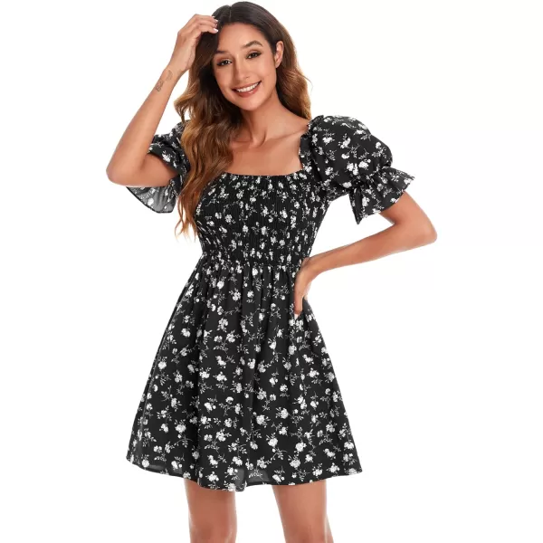 WDIRARA Women's Square Neck Flounce Short Sleeve Shirred Ruffle Hem Dress