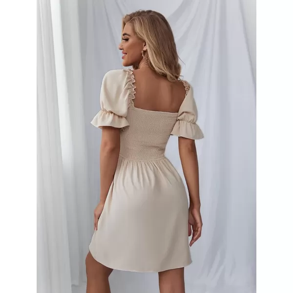 WDIRARA Women's Square Neck Flounce Short Sleeve Shirred Ruffle Hem Dress
