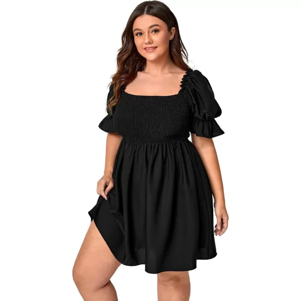 WDIRARA Women's Square Neck Flounce Short Sleeve Shirred Ruffle Hem Dress