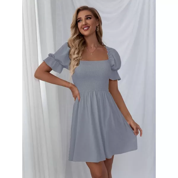 WDIRARA Women's Square Neck Flounce Short Sleeve Shirred Ruffle Hem Dress