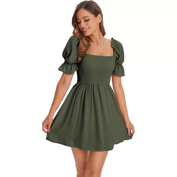 WDIRARA Women's Square Neck Flounce Short Sleeve Shirred Ruffle Hem Dress
