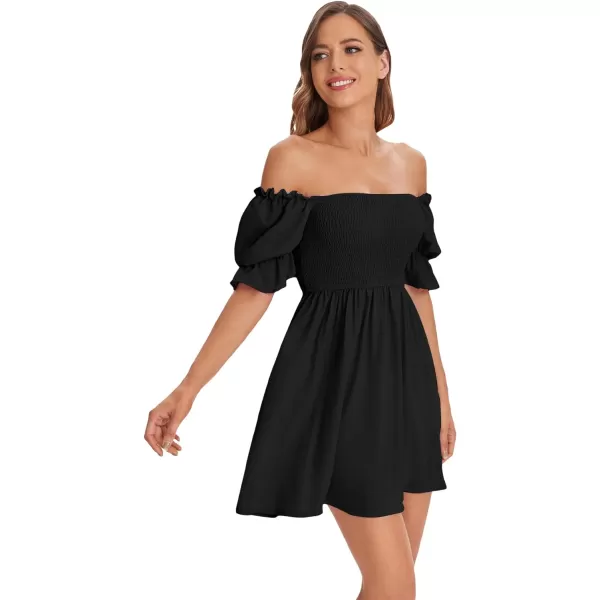 WDIRARA Women's Square Neck Flounce Short Sleeve Shirred Ruffle Hem Dress