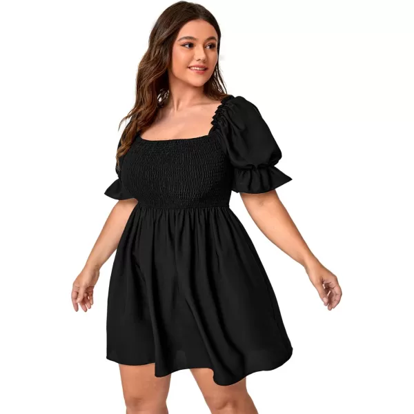 WDIRARA Women's Square Neck Flounce Short Sleeve Shirred Ruffle Hem Dress