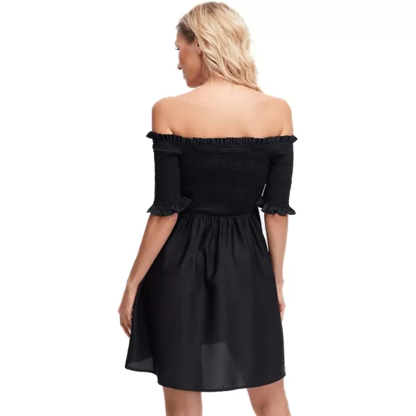 WDIRARA Women's Square Neck Flounce Short Sleeve Shirred Ruffle Hem Dress