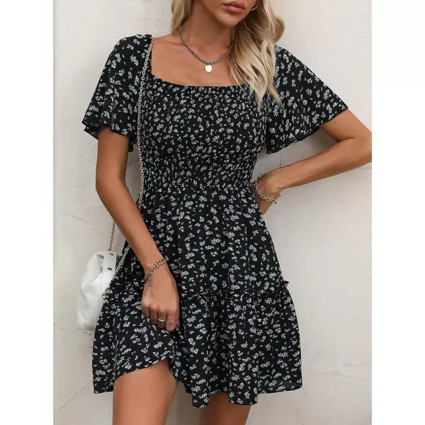 WDIRARA Women's Square Neck Flounce Short Sleeve Shirred Ruffle Hem Dress