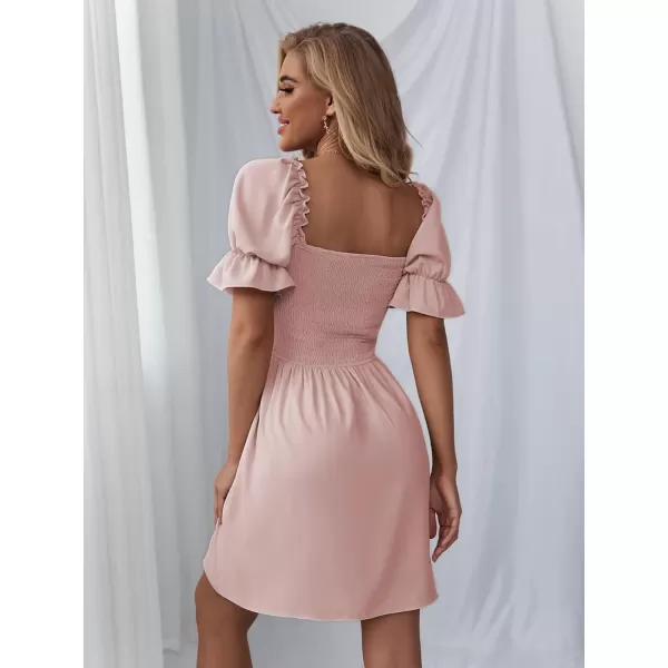 WDIRARA Women's Square Neck Flounce Short Sleeve Shirred Ruffle Hem Dress