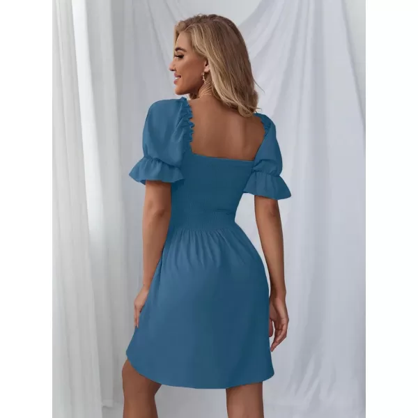 WDIRARA Women's Square Neck Flounce Short Sleeve Shirred Ruffle Hem Dress