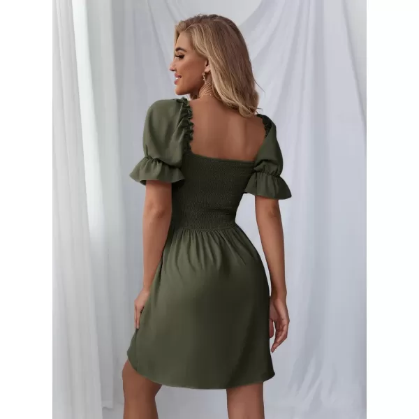 WDIRARA Women's Square Neck Flounce Short Sleeve Shirred Ruffle Hem Dress